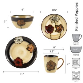 Pfaltzgraff Painted Poppies 16-Piece Stoneware Dinnerware Set, Service for 4, Tan/Assorted -