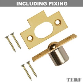 TERF® 16mm Polished Brass Bales Tubular Ball Cupboard Cabinet Door Roller Catch Latch 16mm Door Closer Ideal Internal Door Catch for Cupboards Cabinets Wardrobes Doors With Fixing - Pack of 4