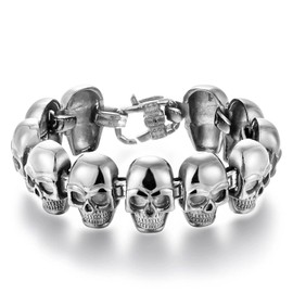 Masculine Stainless Steel Vintage Skulls Link Chain Bangle Bracelet, Cross Spring Hook Clasp, Mens Gothic