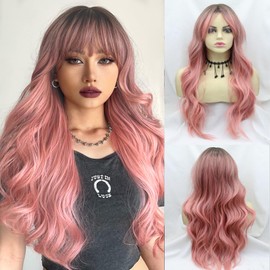 AFBeauty Pink Wigs with Bangs Long Light Color Wavy Ombre Pink Wig Synthetic Wigs for Women Middle Part Dark Roots Layered Hair Heat Resistant Fiber Natural Hair Wig Daily Wear Use Party 22 Inch