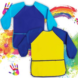 Waterproof Children Art Smock，Toddler Apron peinture Enfant Child Painting Apron，Painting Supplies Kids Art Supplies Kids Long Sleeve Art Aprons with 3 Roomy Pockets,Ages 3-6 (Yellow + Blue)