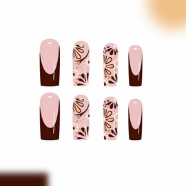 BABALAL Press on Nails Long Square Fake Nails Brown Fall French Tip Glue ons with Flower Glittr Shiny Manicure Full Cover Supplies 24Pcs Luxury XL Glossy Acrylic False Nails for Women Girls