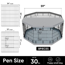 PJYuCien Dog Playpenr，8 Panels 30”H Dog Playpen with Gery Bottom Pad and Grey Top Cover，Metal Foldable Dog Exercise Pen for Indoor，Better for Medium Animals,Black