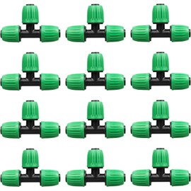 JOYPRO Drip Irrigation Fittings for 1/2 inch Tubing (0.60"-0.63" OD), 12 Pieces Barbed Tee Drip Parts Locked Tee Connectors, 3 Way Drip Line Nuts Connectors for 1/2" Drip Irrigation Hose (13mm ID)