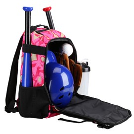 ZOEA Baseball Bat Bag Backpack, T-Ball & Softball Equipment & Gear for Youth, Large Capacity Holds 2 Bats, Helmet, Gloves, Cleats, Helmet Holder and Includes Fence Hook (Pink)