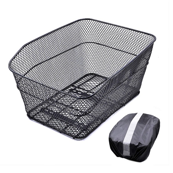 ANZOME Rear Bike Basket – Metal Wire Bicycle Cargo Rack Mount for Back Under Seat with Heavy Duty Reflective Black Waterproof Rainproof Cover