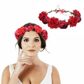AWOCAN Flower Crown Headband Women Flower Headpiece Boho Artificial Flowers Bridal Flower Headband Wreath Crown for Wedding Festival Party Photography (red)