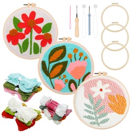 Allazone 3 Piece Punch Needle Beginner Embroidery Set, Punch Needle Embroidery Starter Kit with Floral Pattern, DIY Punch Needle Kit with Embroidery Hoop, Punch Needle Fabric, Threads, Threading Aid