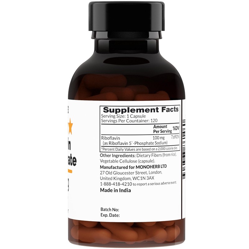 MONOHERB Riboflavin 5'-Phosphate 100 mg - 120 Vegetarian Capsules -