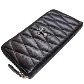 Deep Zone Long Wallet, Genuine Leather, Quilting, Cross, Round Zipper, Black, Black