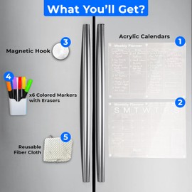 Acrylic Magnetic Calendar for Fridge - 2 Set of 12"x16" Monthly and Weekly Calendar With Pen Holder, 6 Colorful Pens, Hook and Towel
