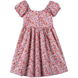 Noomelfish Girls Short Sleeve Floral Dress Casual Flower Printed Smocked Dresses, Red/Brown, 5-6 Years