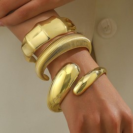 QUMAOJEW Chunky Gold Bangle Bracelet for Women Set for Woman Fashion Stackable Adjustable Thick Arm Cuff Bangles Stretch Jewelry (GoldA)