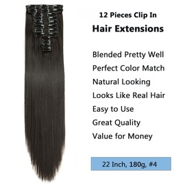Clip in Hair Extensions 12PCS 180g 22inch Long Straight Synthetic Fiber Clip in Hair Extension for Women #4 Black Brown Color