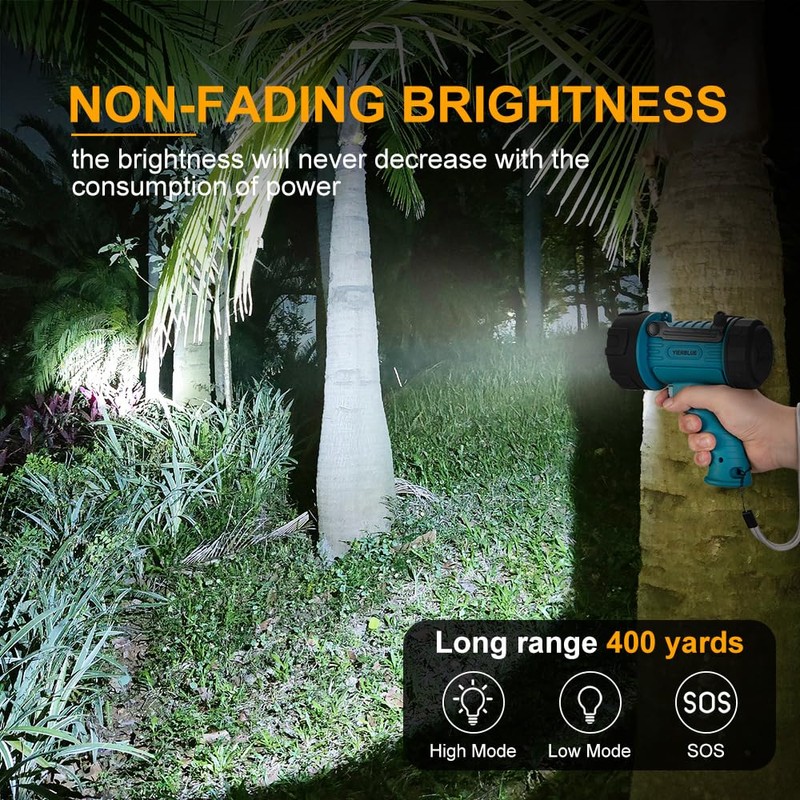 YIERBLUE Rechargeable Spotlight Flashlight IP67 Waterproof with 200,000 Lumen LED,