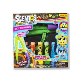 Scentos Chalk Set - 7-Piece Sidewalk Compass Chalk Art Kit for Kids - Assorted Fruity-Scented Sticks with Stencils & Holder - Washable