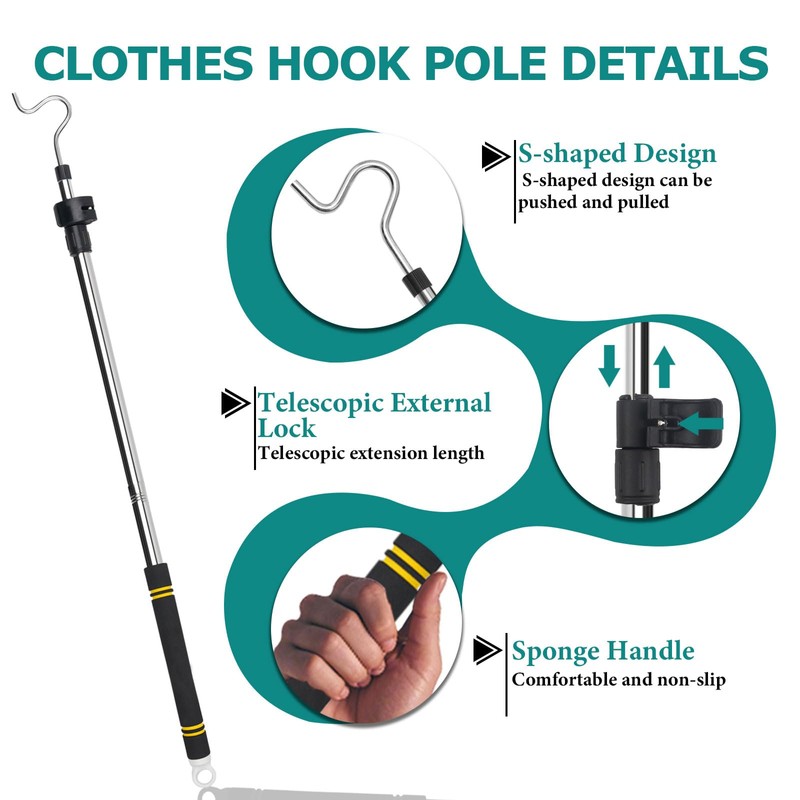 Clothes Hanger Reaching Hook, 37" to 64" Clothes Hook Pole