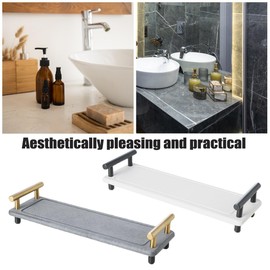 Instant Dry Sink Caddy Organizer,Diatomaceous Earth Bathroom Organizer with Handle Water Absorbing Stone Tray for Sink Water Absorbent Diatomite Coasters (L White Gold Handle)