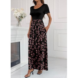 HAOMEILI Women's Short Sleeve Floral Print Scoop Neck Loose Plain Maxi Dresses Casual Long Dresses with Pockets(Gypsophila Black L)