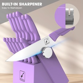imarku Kitchen Knife Set, Sharp Knife Set with Built-in Sharpener, Stainless Steel Knife Set with Block and Non-Slip Ergonomic Handle, Dishwasher Safe, 14 PCS Professional Knife Set for Gift, Purple