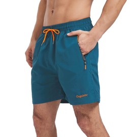 Ougelebo Men's Swimming Trunks with Zip Pocket, Quick-Drying, peacock blue