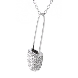AFFY Safety Pin Pendant Necklace in 14k White Gold Over Sterling Silver Round Cut White Cubic Zirconia