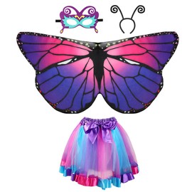 AUTOWT Girls Fairy Butterfly Wings Costumes - 4Pcs Little Girls Dress Up with Purple Colorful Tutu Skirt and Headband for 3-9 Years Kids Photography Birthday Dance Party Gift (Purple)