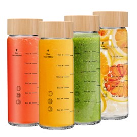 Olivego 16oz Juice Bottles - 4 Pack Wide Mouth Glass Bottles with Lids- BPA Free, Bamboo Lids for Juicing, Smoothies, Infused Water, Beverage Storage - Leakproof, Borosilicate, Clear