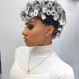 KRSI Deep Curly Mohawk Wig for Women,Fake Ponytail with Bangs Gray Faux Mohawk Hair Piece Gary Wigs for Black Woman Afro Puff with Bangs Clip in Hair Extensions with 8 Clips (1B/Gray)