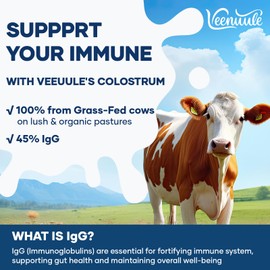 Veenuule Colostrum Powder Supplement, Contain 45% Natural IgG (Immunoglobulins), Grass Fed Cow Colostrum for Gut Health, Immunity & Energy, Non-GMO, Unflavored 50 Servings (Pack of 1)