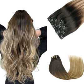 VINBAO Clip in Hair Extensions Real Human Hair 120g 18 Inch Hair Extensions Clip ins Natural Black Ombre Dark Brown Mix Blonde Human Hair Clip in Hair Extension Invisible 6pcs (#C1B/4/27, 18'')