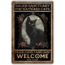 CAEJCCL Funny Metal Sign Salem Sanctuary For Wayward Cats Feralsand Familiars Welcome Vintage Aluminum Tin Signs Retro Sign for Home Office Kicthen Bar Cafe Wall Decoration Gift 8 X 12 Inch
