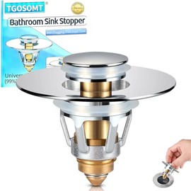 Bathroom Sink Drain Strainer, 2 in 1 Anti-Clogging Sink Stopper with Hair Catcher, Universal Pop-Up Sink Drain Plug Fits 1.1" ~ 1.5" Drain, Solid Brass (Chrome)
