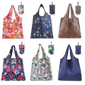 PENGJINYU 6 Pcs Reusable Shopping Bags Foldable,Grocery Bags in Pocket,Waterproof and Machine Washable,Eco-friendly Travel Recycle Polyester Tote Bags for Daily Shopping Supplies load