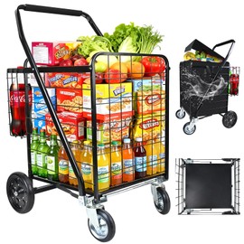 Folding Shopping Cart with Removable Waterproof Liner, 450LBS Capacity Grocery Cart with Dual Basket & 360° Swivel Wheels, 39.5 Gal Jumbo Heavy-Duty Cart Wagon for Grocery Shopping Laundry Transport