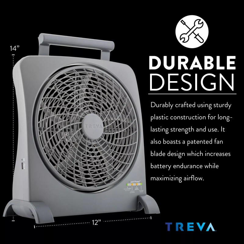 TREVA 10" Smart Power Rechargeable Fan with AC/DC Adapters