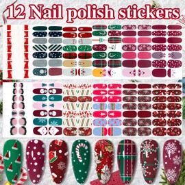 WOKOTO 12 Sheets Christmas Nail Polish Stickers Full Wraps for Women Nail Art Polish Strips - Santa, Christmas Tree, Snowman Nail Polish Wraps Gel Nail Stickers for Girls Gel Nail Strips