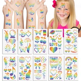 MLPKOI 10 Sheets Rainbow Glitter Tattoos for Children, Children's Tattoo Stickers, Temporary Tattoos, Rainbow Glitter Tattoo Set, Fake Tattoos for Girls, Birthday Party Gift