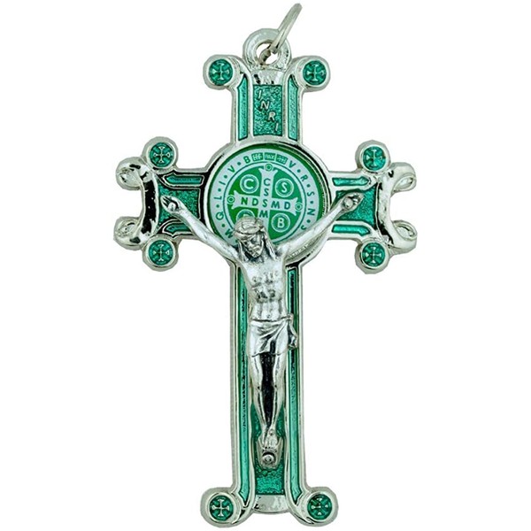 Vatican Imports 3" St. Benedict Pectoral Crucifix Cross | Blue or Green | Comes with Informational Booklet of St. Benedict | Beautiful Shining Silver Metal | Christian Jewelry