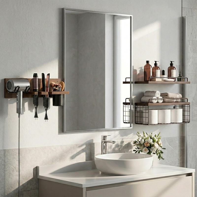 GODDGITT 3-Tier Bathroom Floating Shelves with Curling Iron Holder &