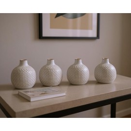 Set of Four Natural and Off White Ceramic Bud Vases with Sculptural Details