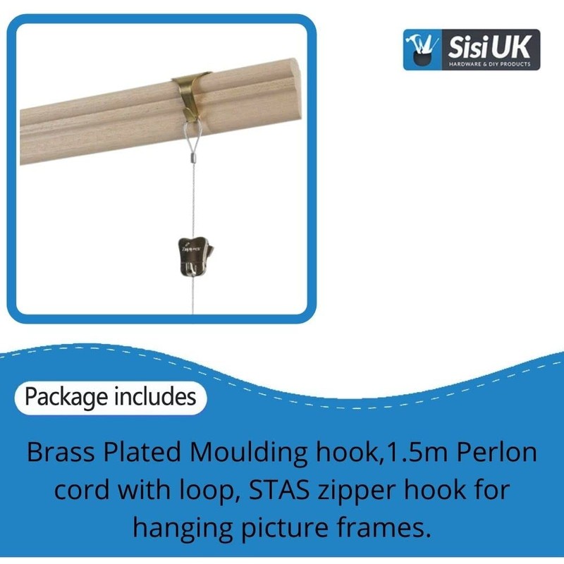 Picture Hanging Brass Moulding Hooks with Perlon Clear Cable Cord