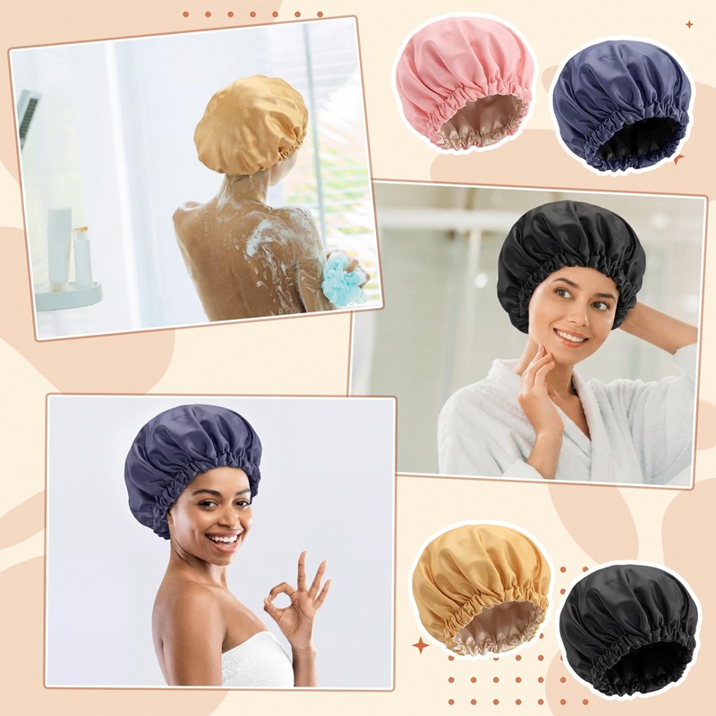Janmercy 4 Pcs Shower Cap Satin Lined for Hair Protection