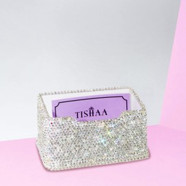 TISHAA Business Card Holder Stand - Bling Name Cards Office Desk Desktop Table Top Organizer Luxury Display Pocket Case Accessories White Crystal Rhinestone Glitter