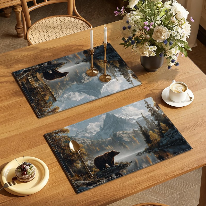 Bear Forest Mountain Placemats Set of 6, Rustic Wild Animal