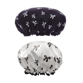 Pack of 2 Shower Caps with Bow, Cute Shower Cap, Double Layer Waterproof Shower Cap, Makeup Cap for Women, Adjustable Night Cap, Curling Cap, Suitable for Shower, Spa, Salon