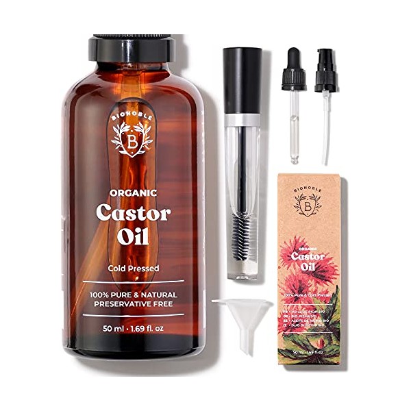 Bionoble Organic Castor Oil 50ml - 100% Pure, Natural and Cold Pressed - Lashes, Eyebrows, Body, Hair, Beard, Nails - Vegan and Cruelty Free - Glass Bottle + Pipette + Pump + Mascara Kit