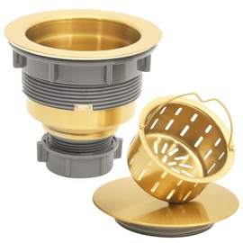 LQS Kitchen Sink Drain Strainer Assembly, Sink Drain Stainless Steel with Removable Deep Waste Basket and Sink Stopper Flat Cover, 3-1/2-inch Golden