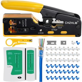 Rj45 Crimp Tool Pass Through Ethernet Crimping Tool kit for 8P-Cat7 Cat6 Cat5 6P Telephone Connector Network Crimp Tool RJ45 Crimper With Cable Tester Covers Connectors Mini Yellow Stripper