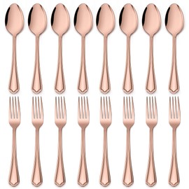E-far 16-Piece Copper Spoons and Forks Set, Stainless Steel Scalloped 8 Dinner Forks and 8 Dinner Spoons, Modern Silverware Flatware Cutlery for Kitchen and Restaurant, Healthy & Non-Toxic, 7.9 Inch
